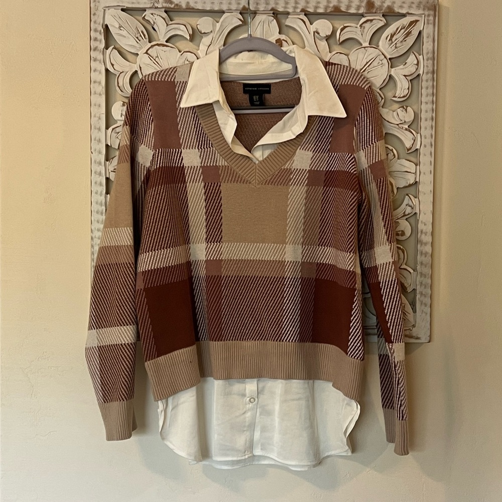 Adrienne Vittadini Plaid Sweater with Faux Collared Button Down Lining (Size M)